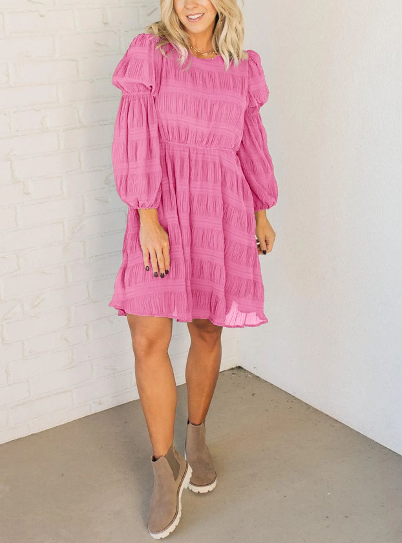 Textured Bubble Sleeve Shift Dress (Buy 2 Free Shipping)