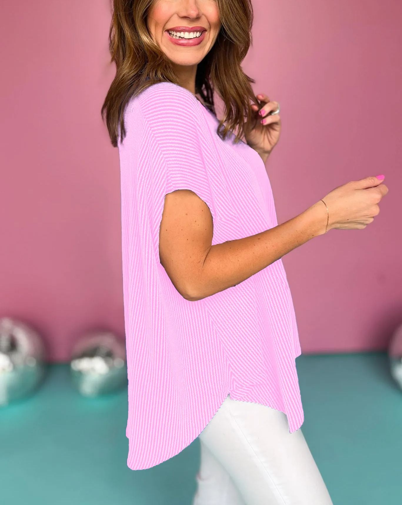 Corded V Neck Handkerchief Hem Top