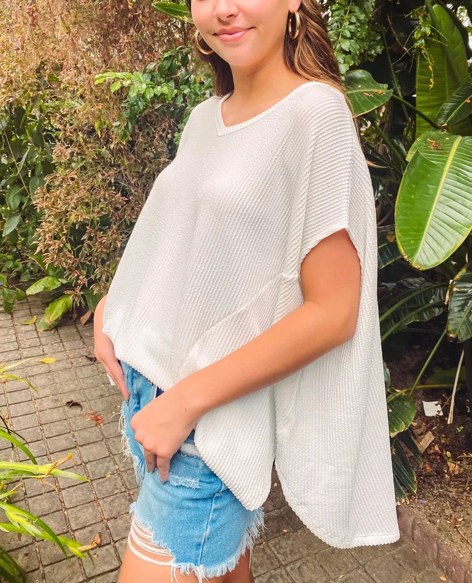 Corded V Neck Handkerchief Hem Top