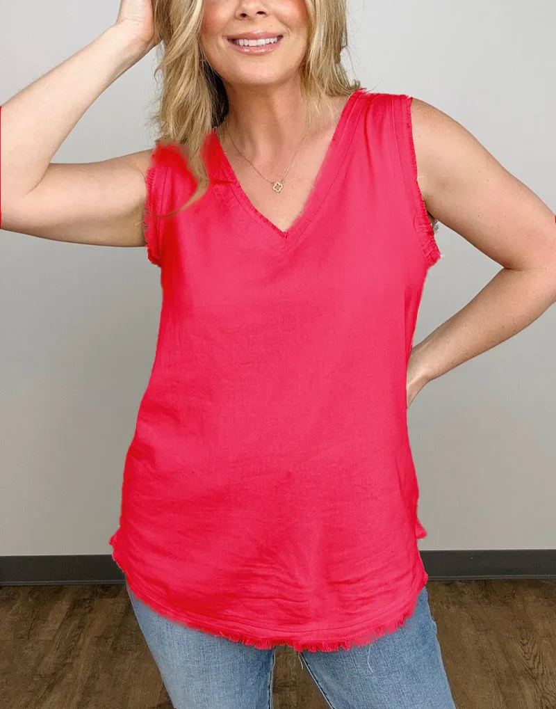 Linen Pre-Washed Frayed Edge V-Neck Sleeveless Top