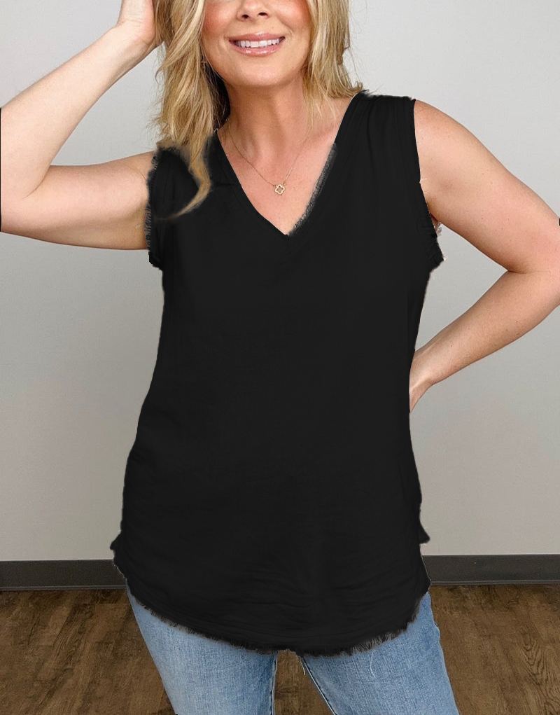 Linen Pre-Washed Frayed Edge V-Neck Sleeveless Top