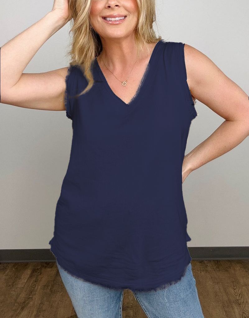 Linen Pre-Washed Frayed Edge V-Neck Sleeveless Top