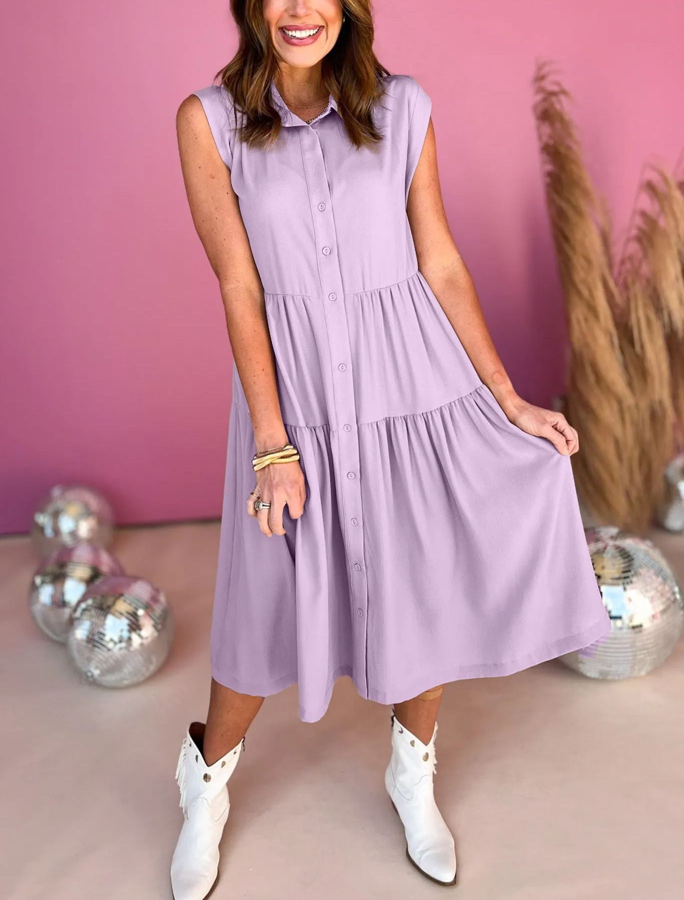 Textured Collared Button Down Sleeveless Midi Dress