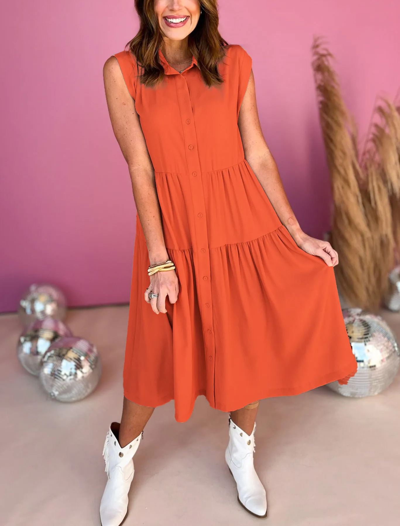 Textured Collared Button Down Sleeveless Midi Dress