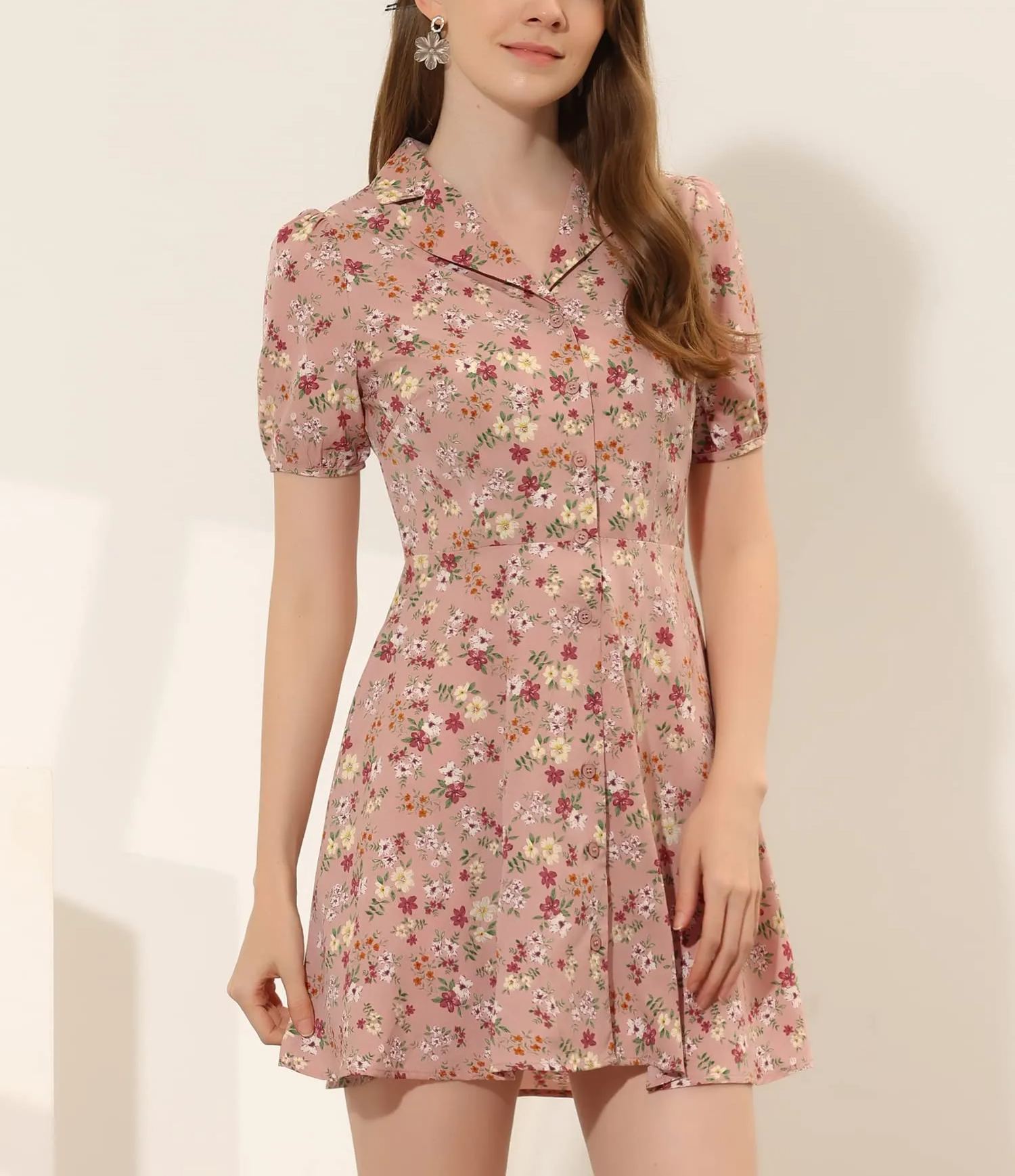 Women's Floral Print Short Sleeve Above Knee Shirt Dress