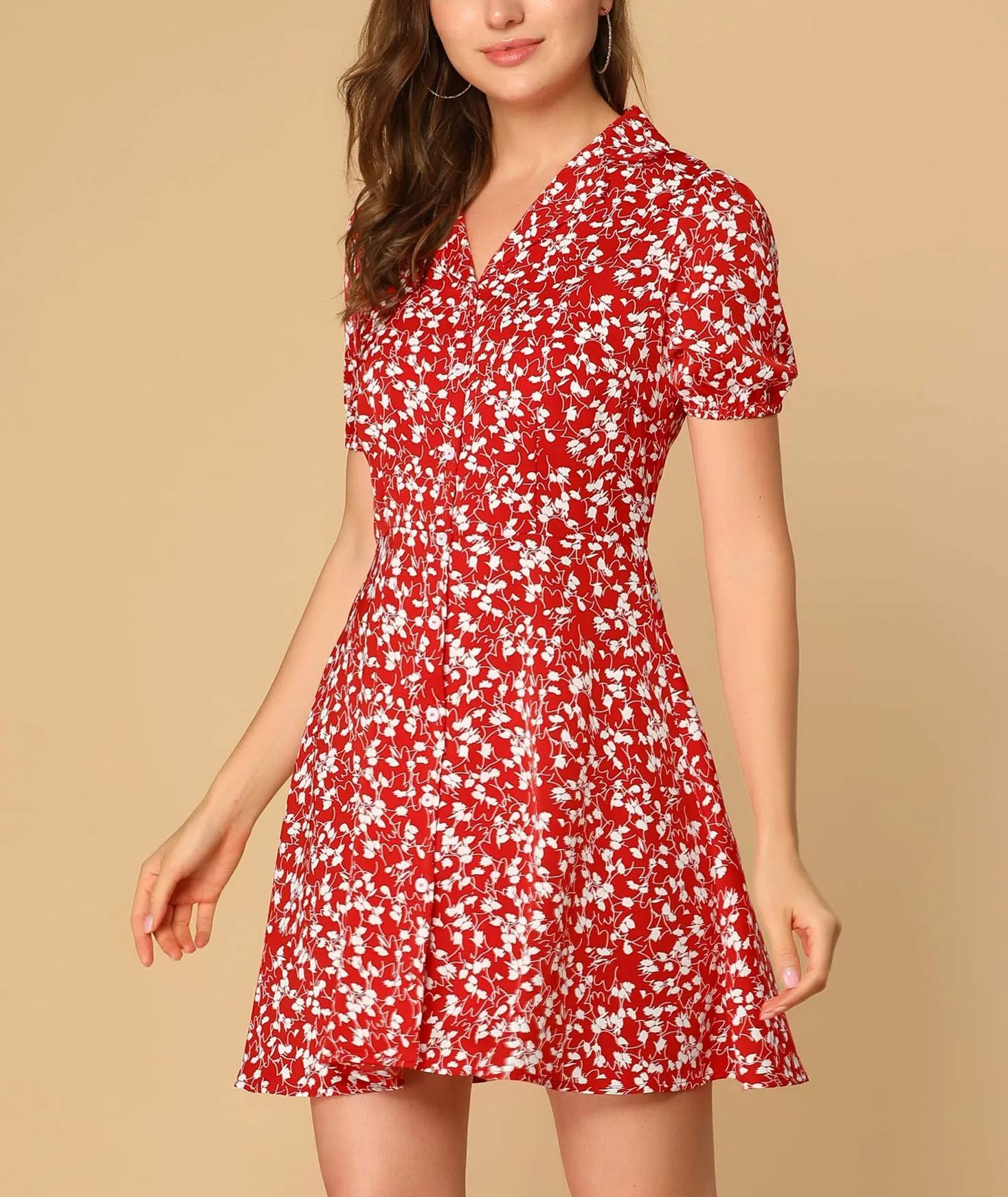 Women's Floral Print Short Sleeve Above Knee Shirt Dress