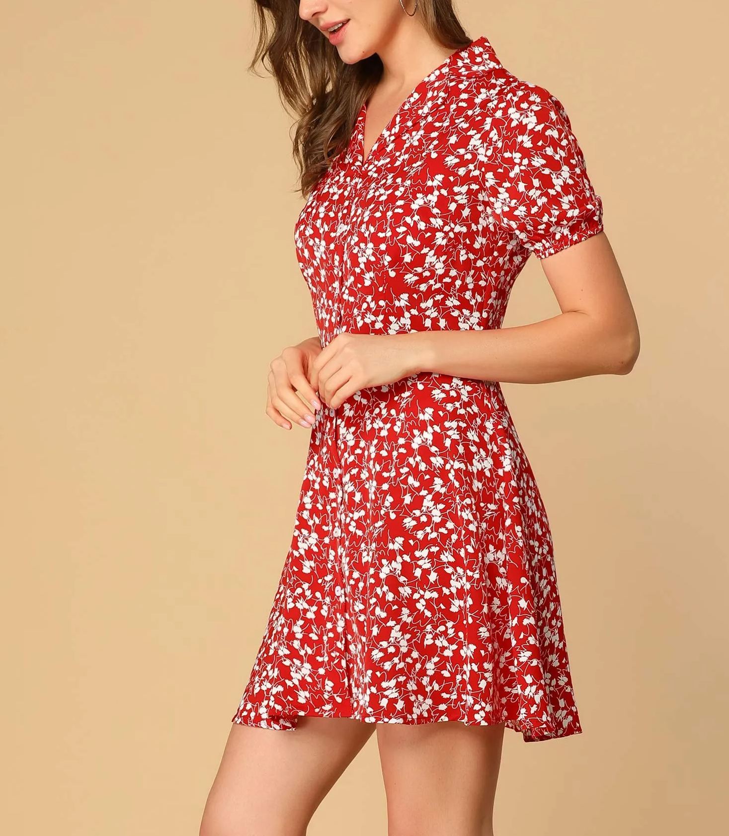 Women's Floral Print Short Sleeve Above Knee Shirt Dress