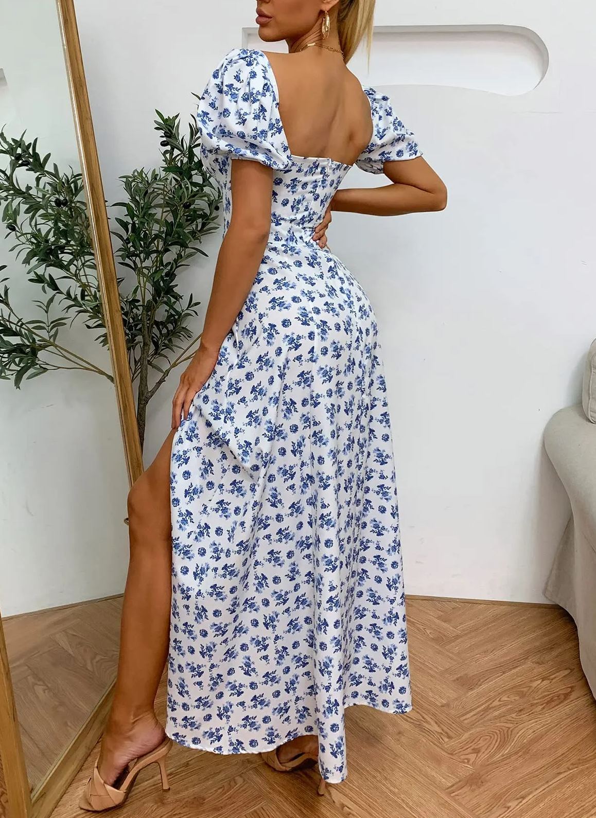 Elegant Square Neck Puff Sleeve Floral Maxi Dress