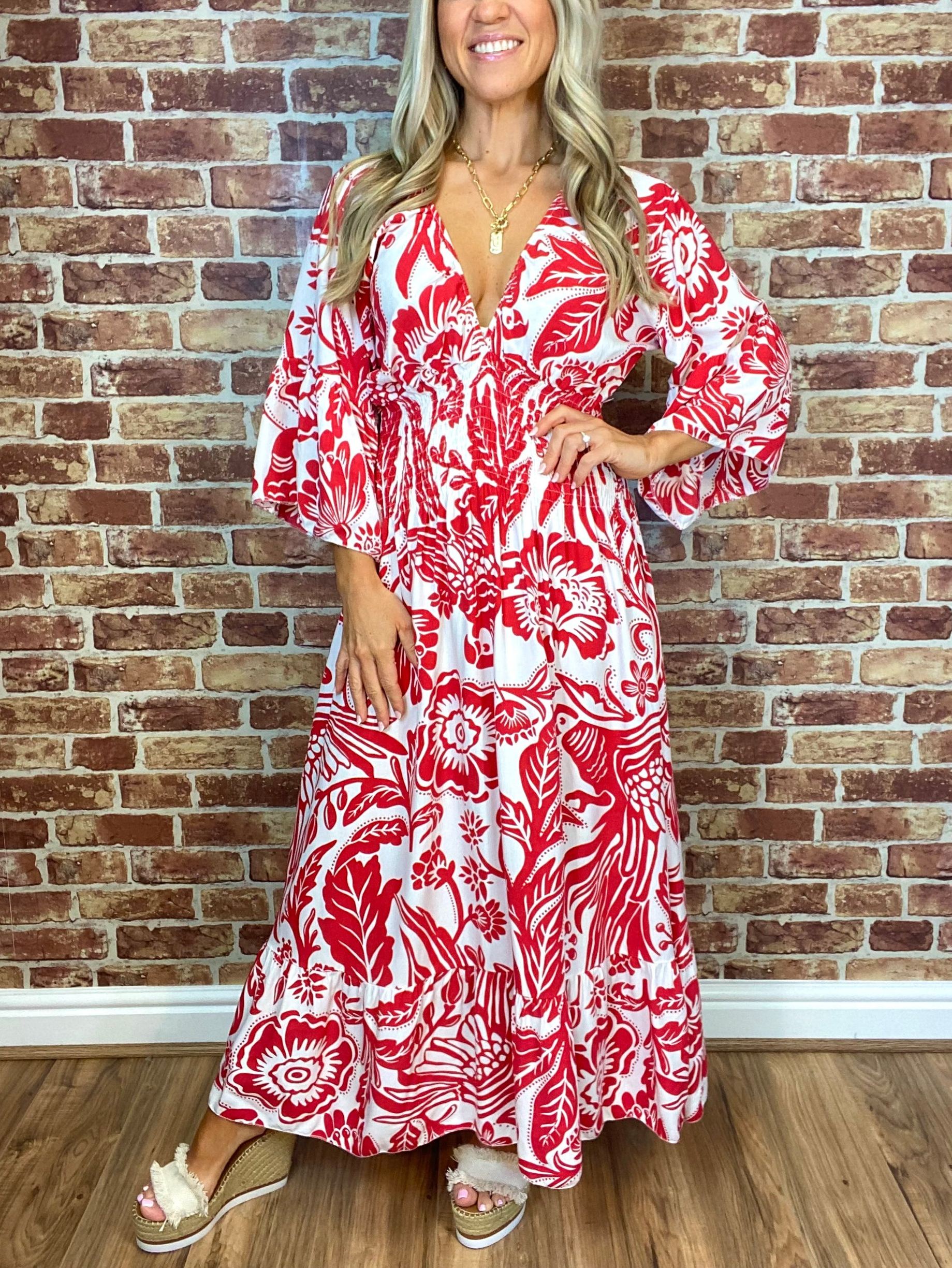 Summer Hot Sale Women's V-neck Half-Sleeve Printed Flowing Stretch Dress