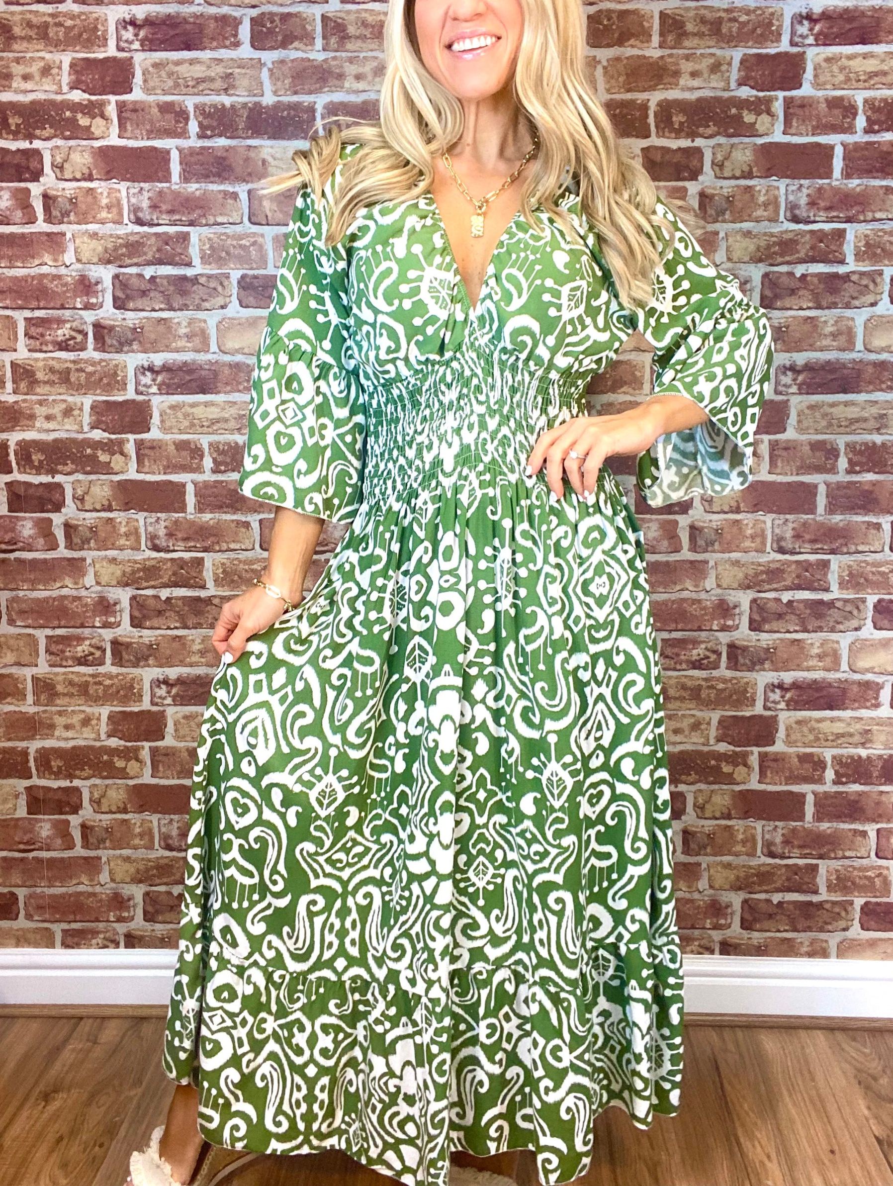 Summer Hot Sale Women's V-neck Half-Sleeve Printed Flowing Stretch Dress