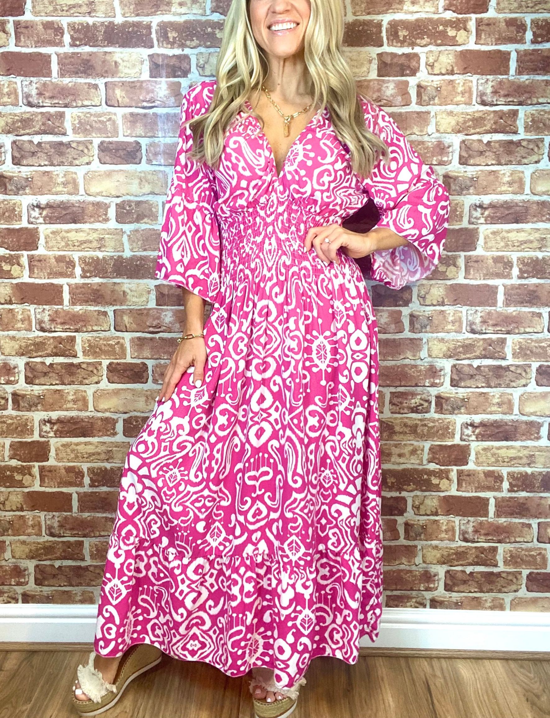 Summer Hot Sale Women's V-neck Half-Sleeve Printed Flowing Stretch Dress