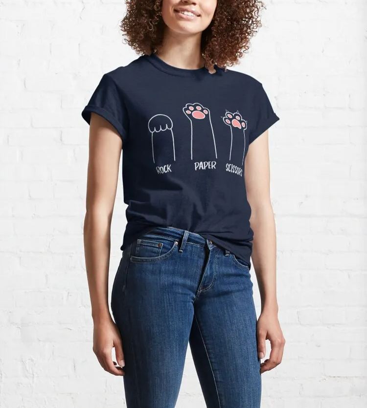 Rock Paper Scissors Hand Game Cute Paw Funny Cat Cotton T-Shirt