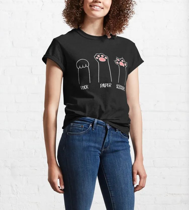 Rock Paper Scissors Hand Game Cute Paw Funny Cat Cotton T-Shirt