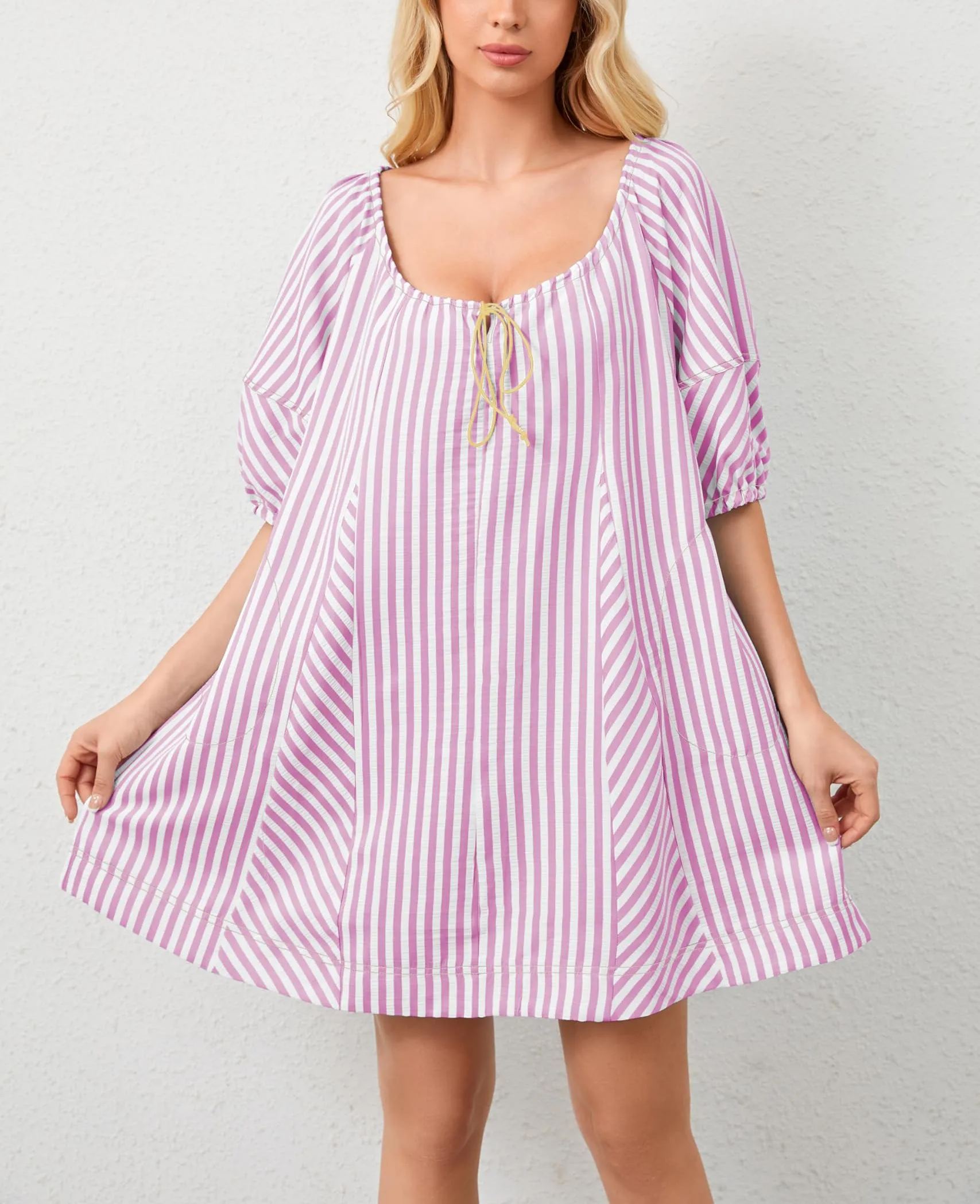 🔥2024 Summer Hot🔥Striped Puff Sleeve Scoop Neck Keyhole Back Swing Dress