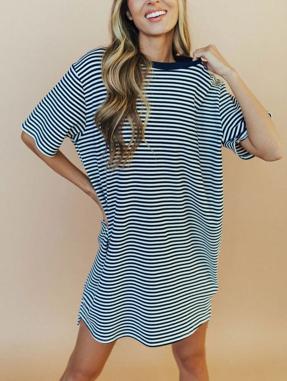 2024 Round Neck Cotton Striped Dress