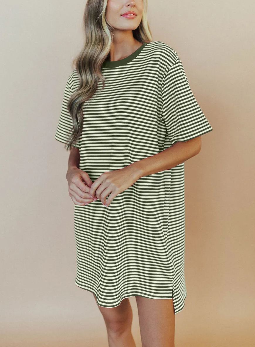 2024 Round Neck Cotton Striped Dress