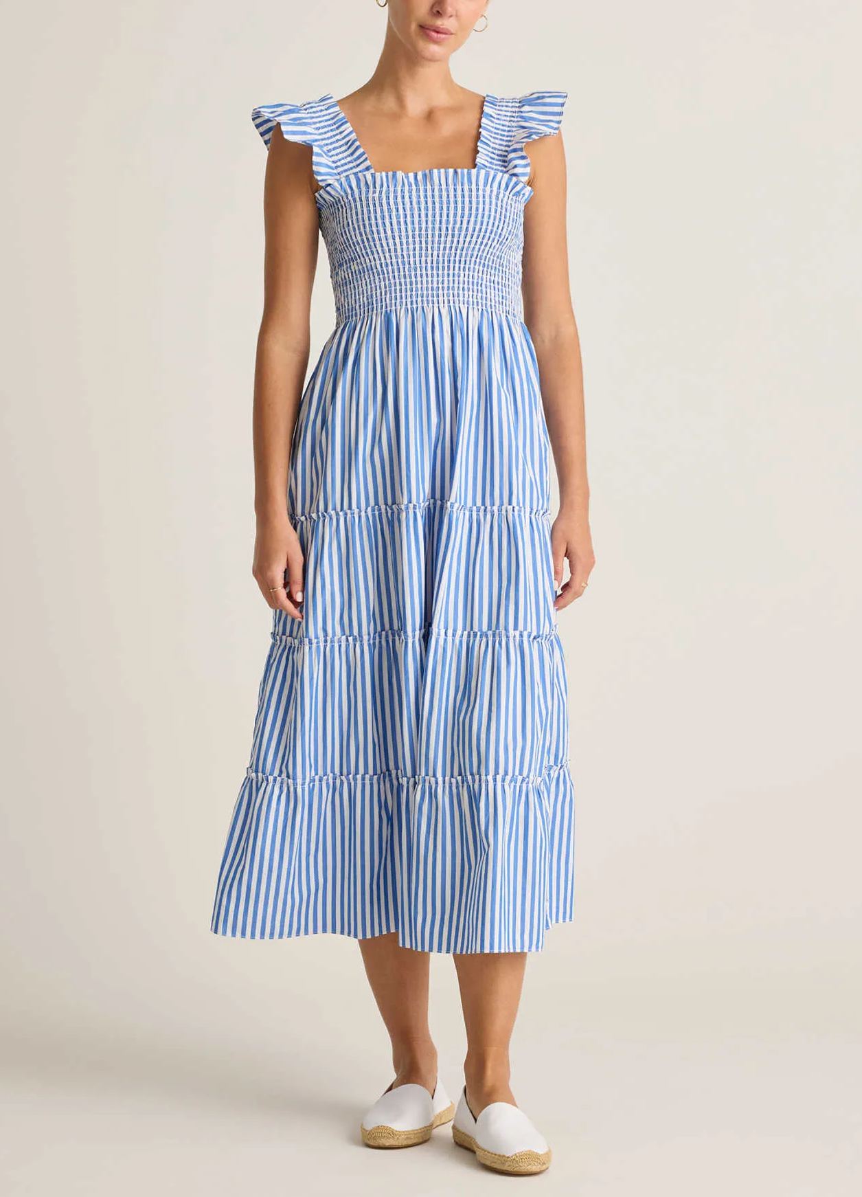 Women's Cotton Smocked Tiered Poplin Midi Dress