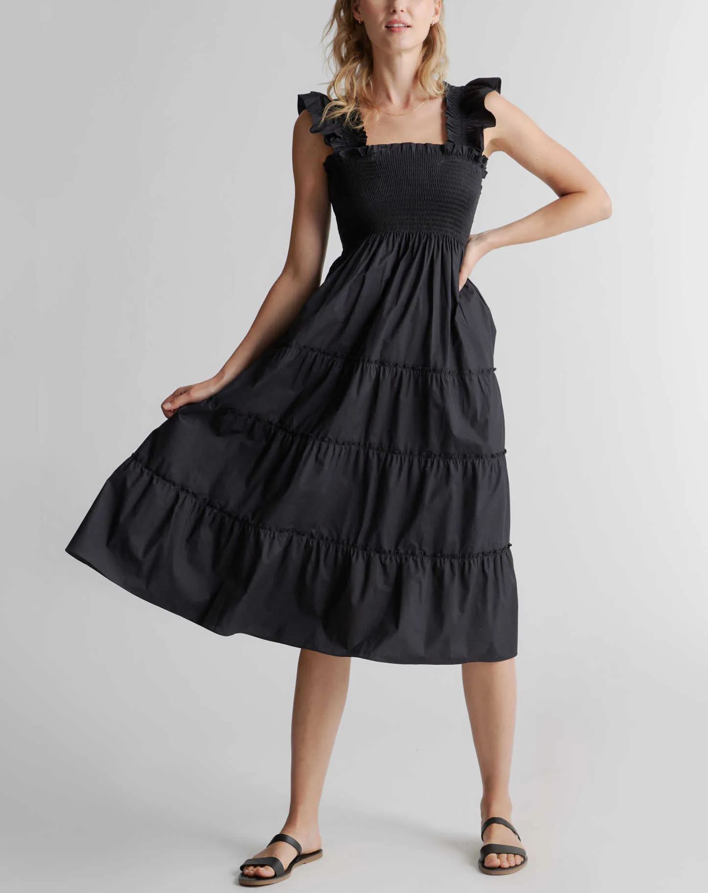 Women's Cotton Smocked Tiered Poplin Midi Dress