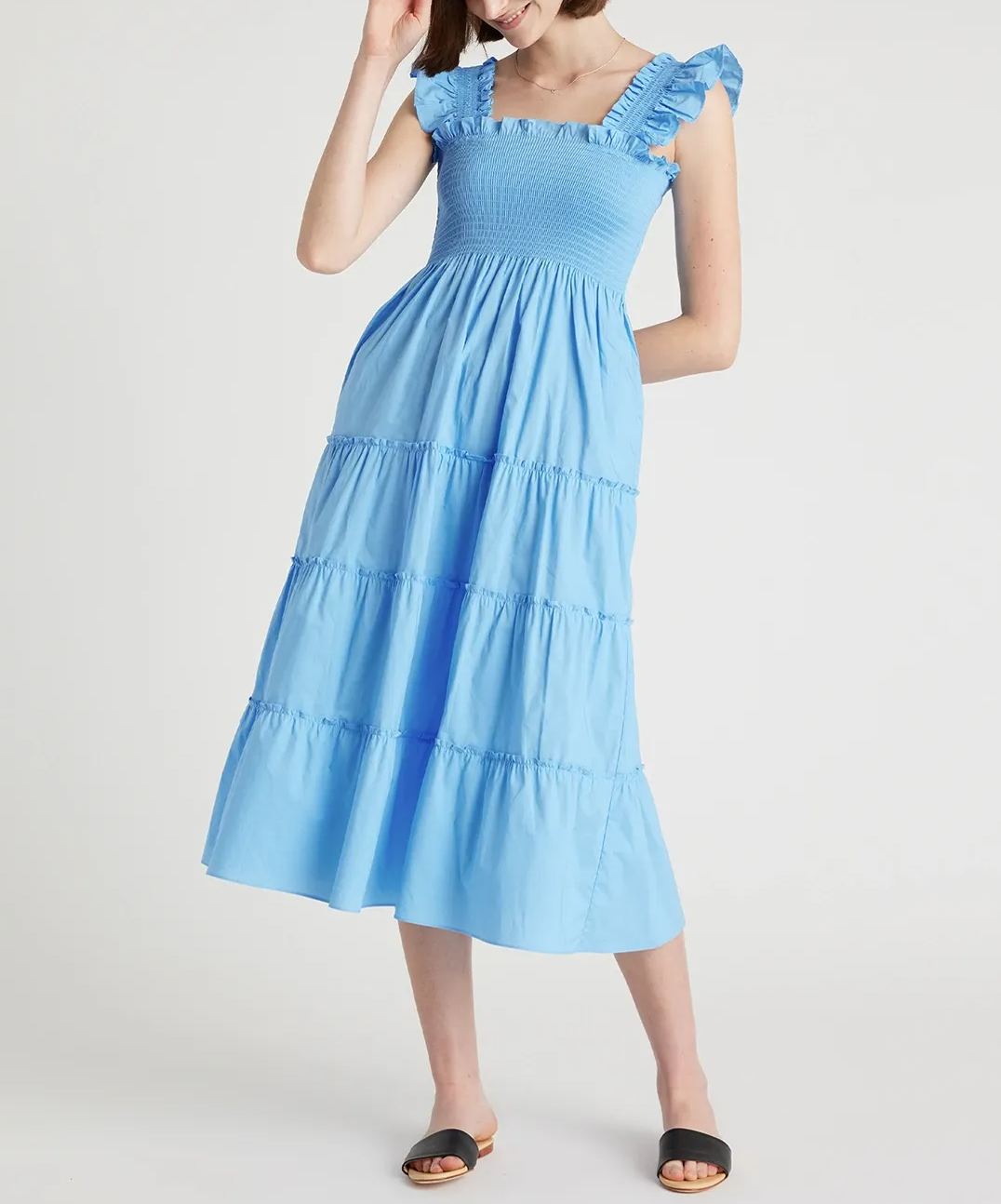 Women's Cotton Smocked Tiered Poplin Midi Dress
