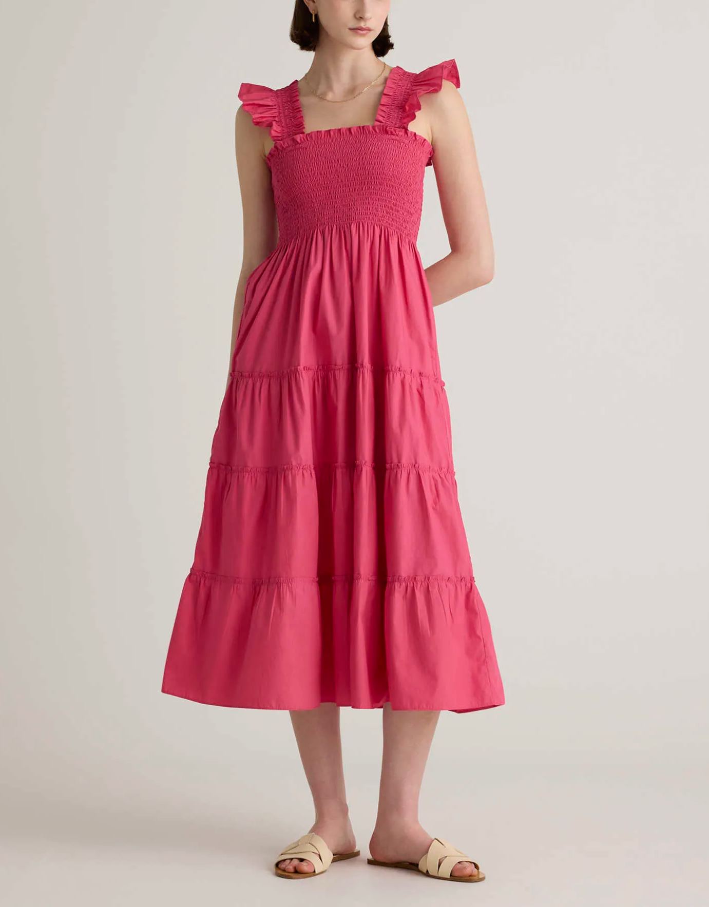 Women's Cotton Smocked Tiered Poplin Midi Dress