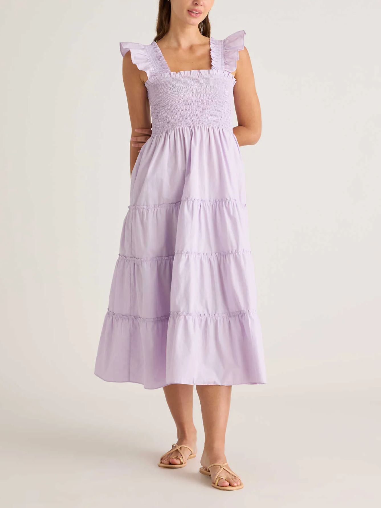 Women's Cotton Smocked Tiered Poplin Midi Dress