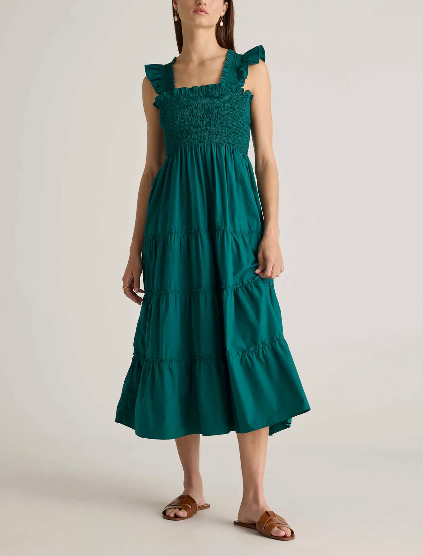 Women's Cotton Smocked Tiered Poplin Midi Dress