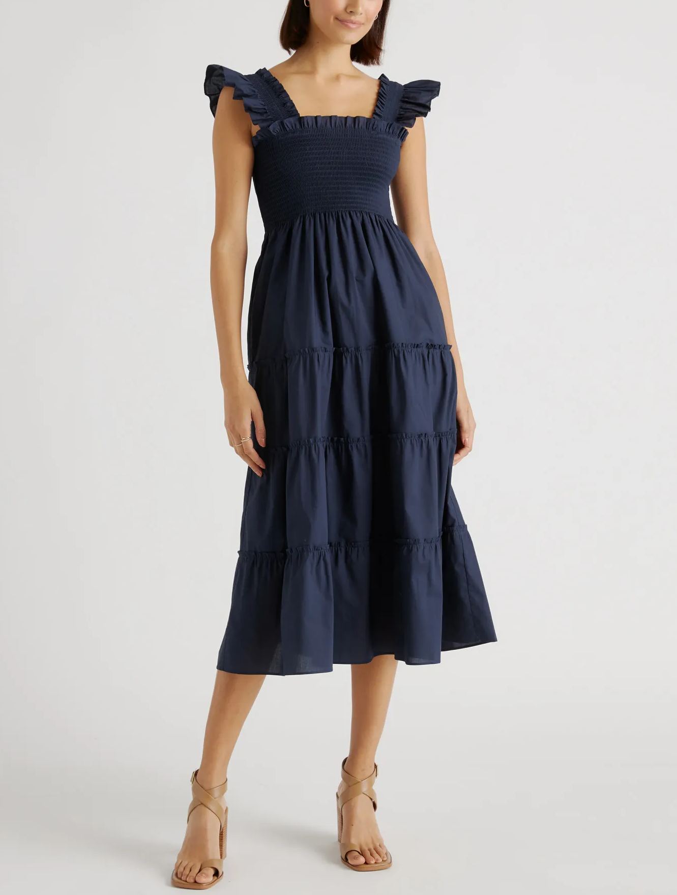 Women's Cotton Smocked Tiered Poplin Midi Dress