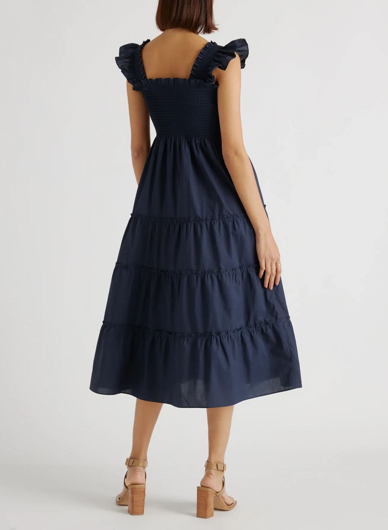 Women's Cotton Smocked Tiered Poplin Midi Dress