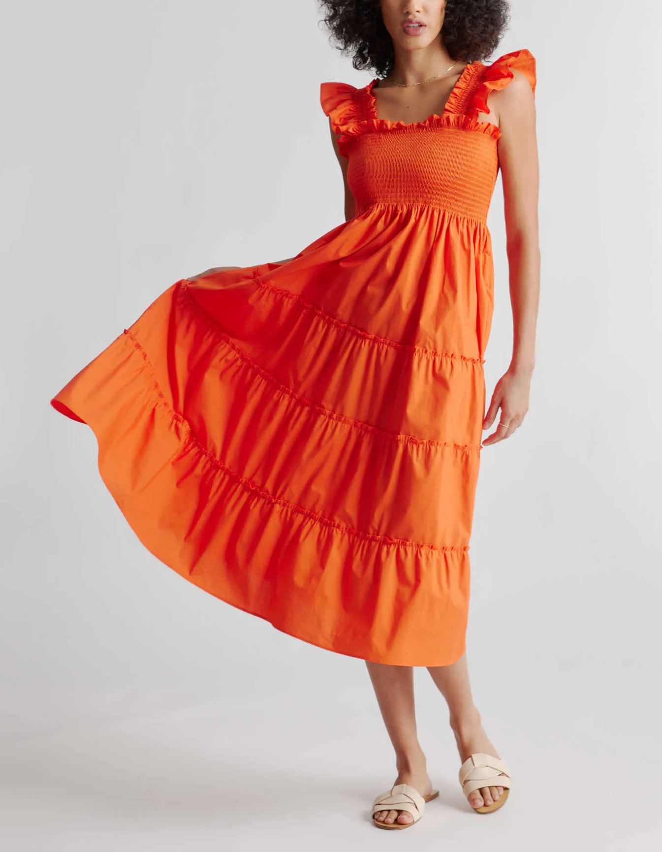 Women's Cotton Smocked Tiered Poplin Midi Dress