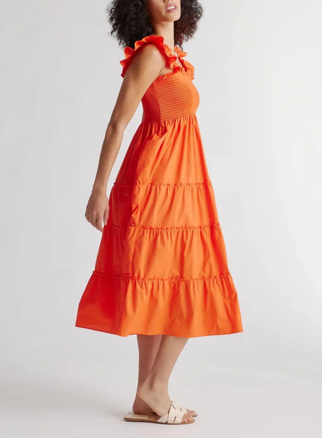 Women's Cotton Smocked Tiered Poplin Midi Dress