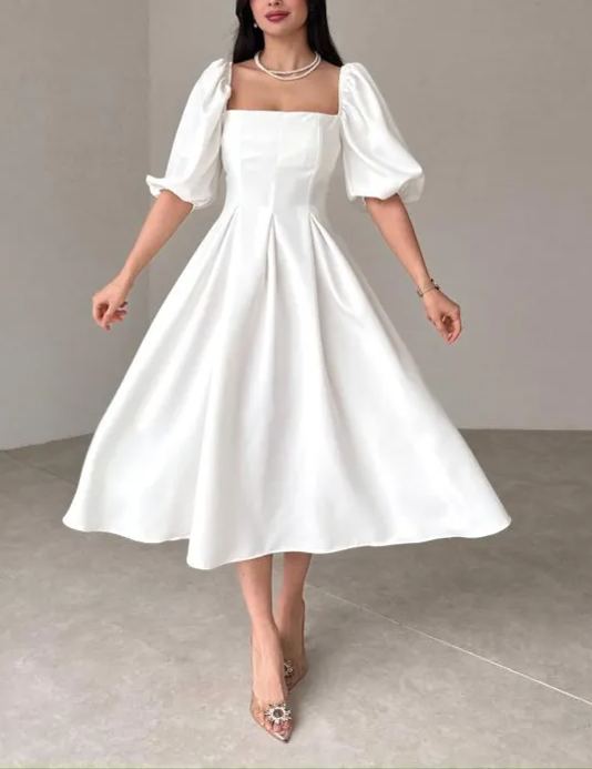 Women's Square Neck Lantern Sleeve Midi Dress