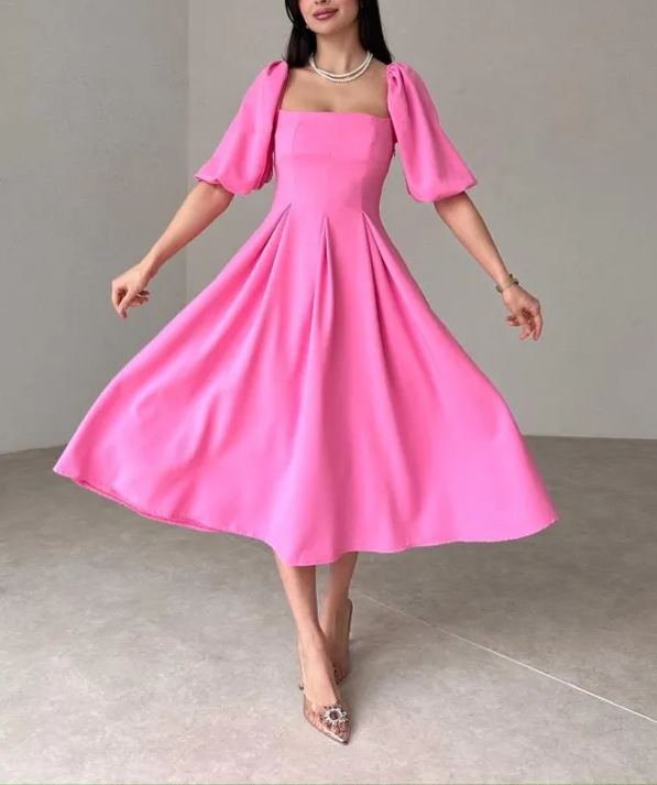 Women's Square Neck Lantern Sleeve Midi Dress