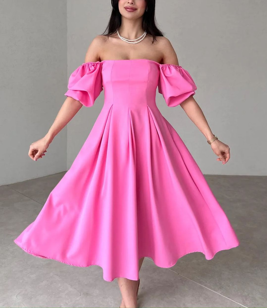 Women's Square Neck Lantern Sleeve Midi Dress