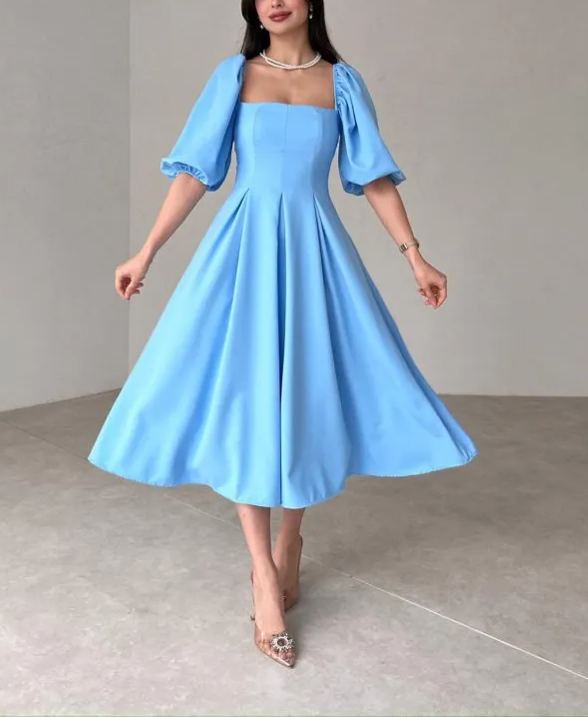 Women's Square Neck Lantern Sleeve Midi Dress