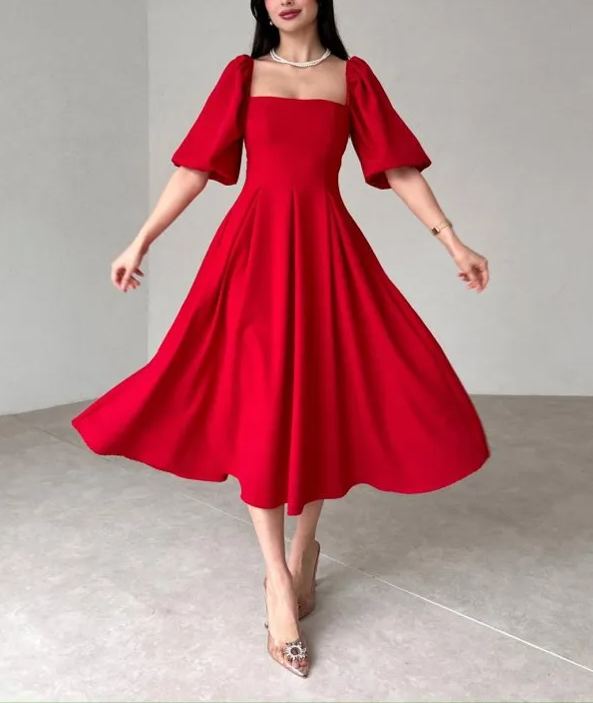 Women's Square Neck Lantern Sleeve Midi Dress