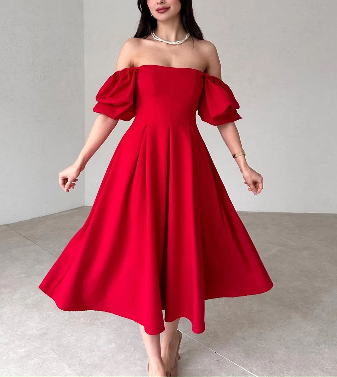 Women's Square Neck Lantern Sleeve Midi Dress