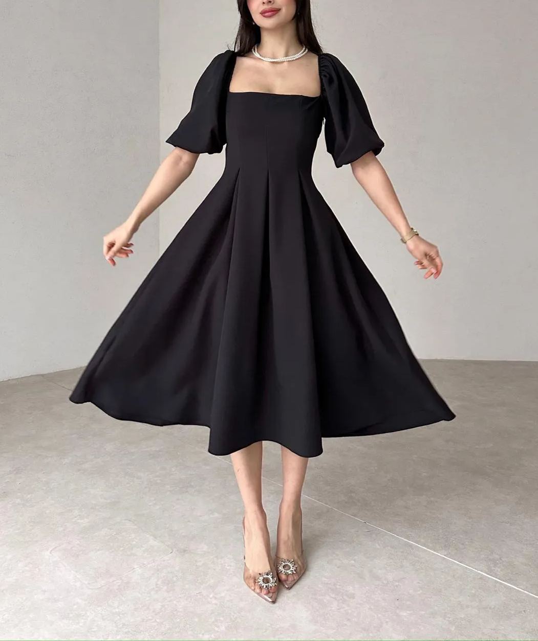 Women's Square Neck Lantern Sleeve Midi Dress