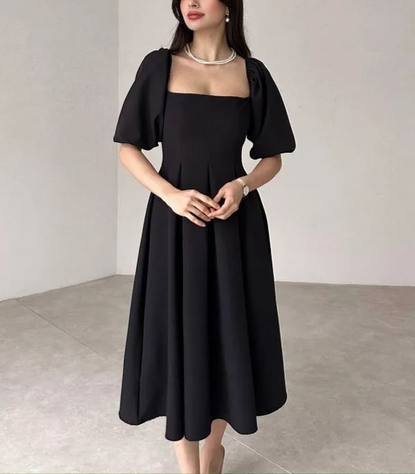 Women's Square Neck Lantern Sleeve Midi Dress