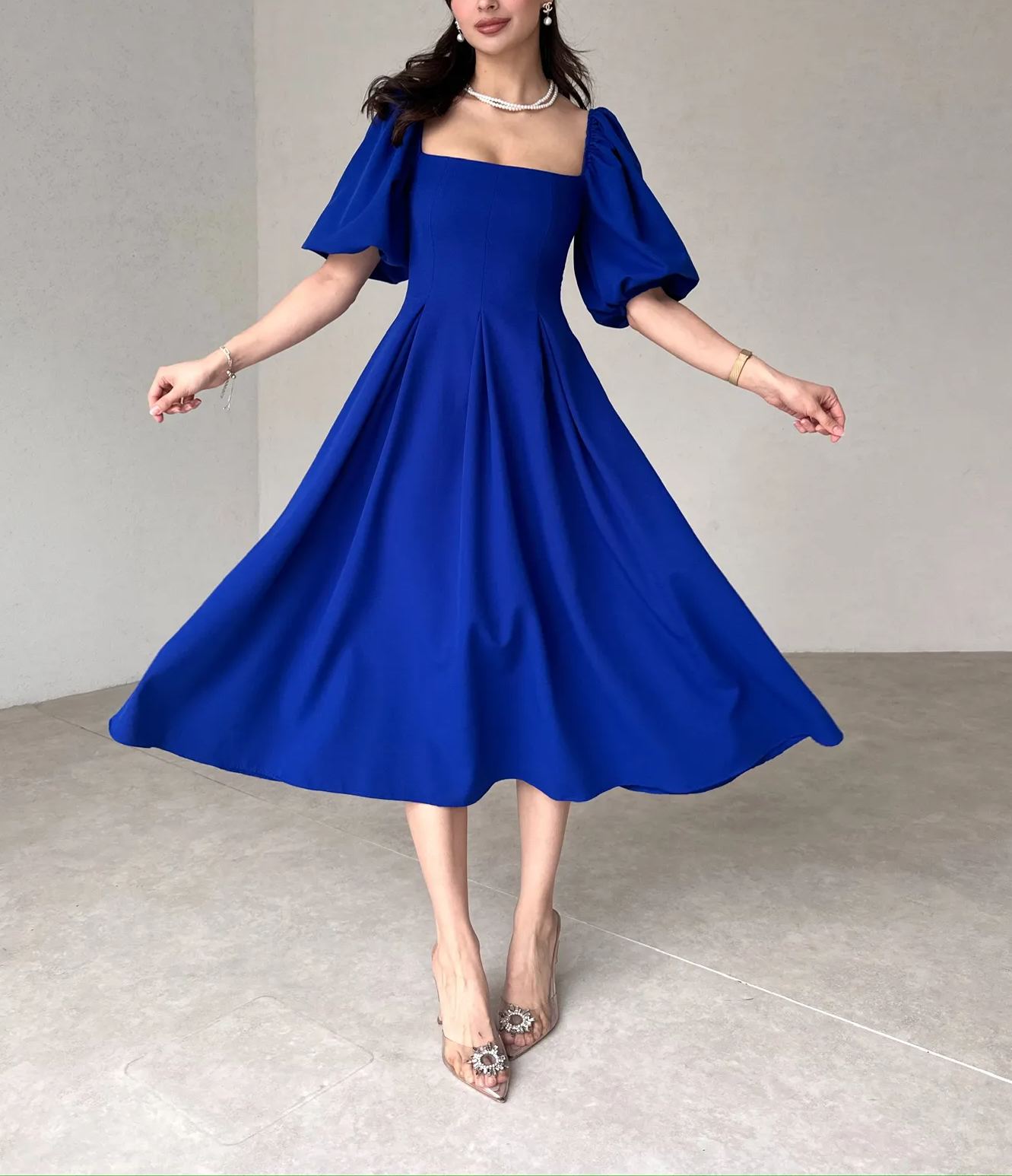 Women's Square Neck Lantern Sleeve Midi Dress