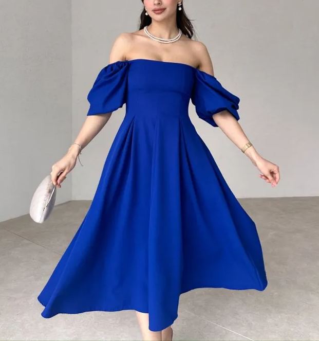 Women's Square Neck Lantern Sleeve Midi Dress