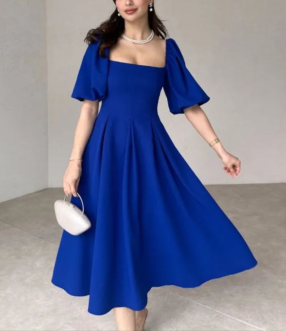 Women's Square Neck Lantern Sleeve Midi Dress