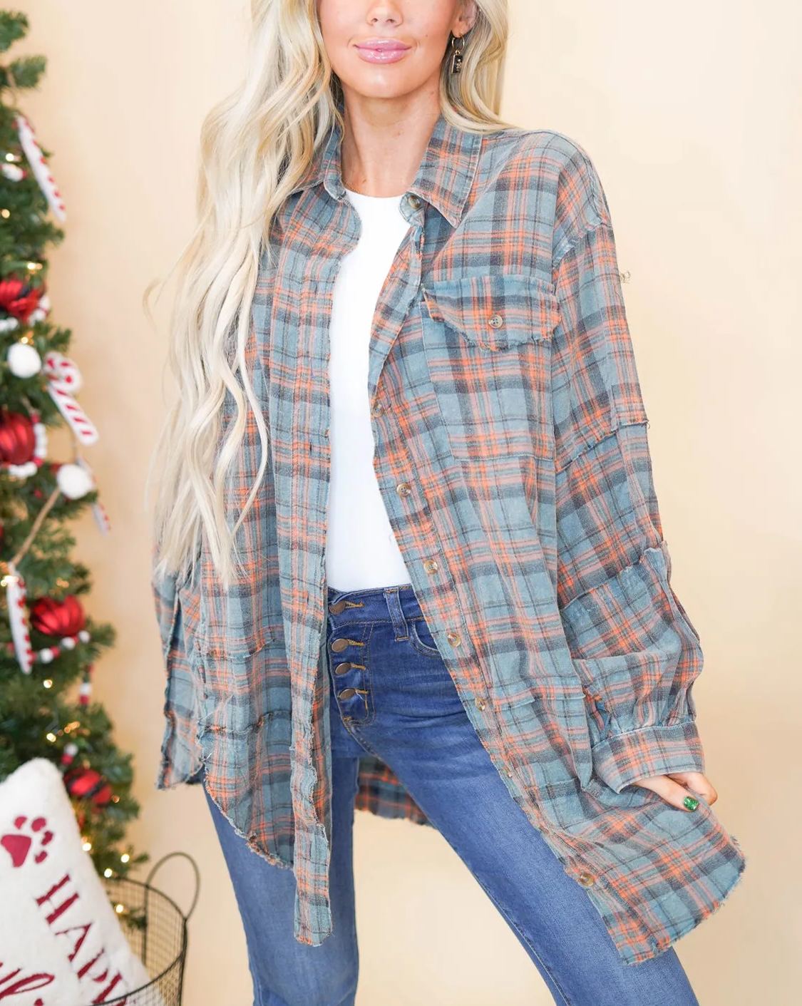 2024 Women's Seams Raw Edge Washed Oversized Shirt Jacket