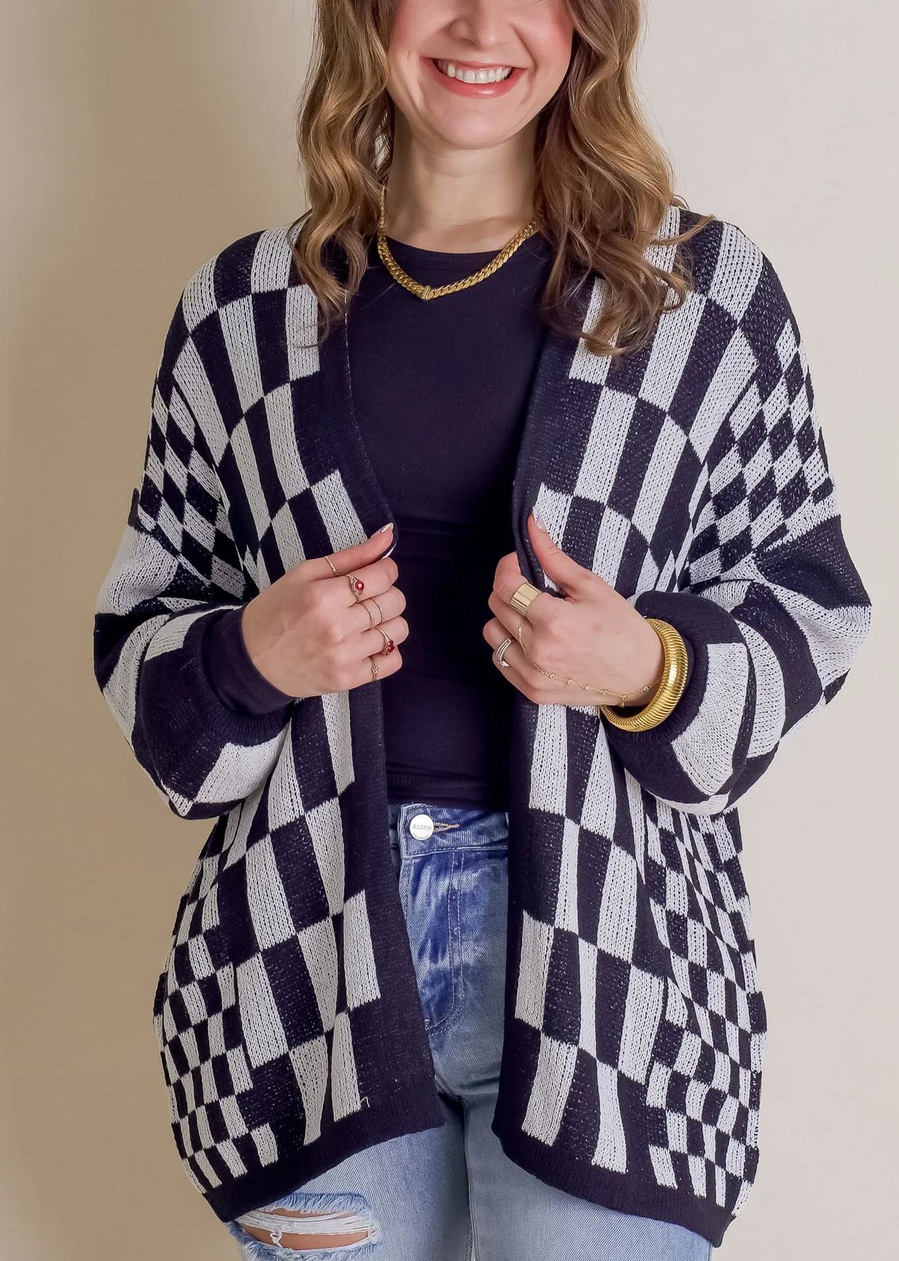 2024 Women's Casual Oversized Open Checkered Cardigan