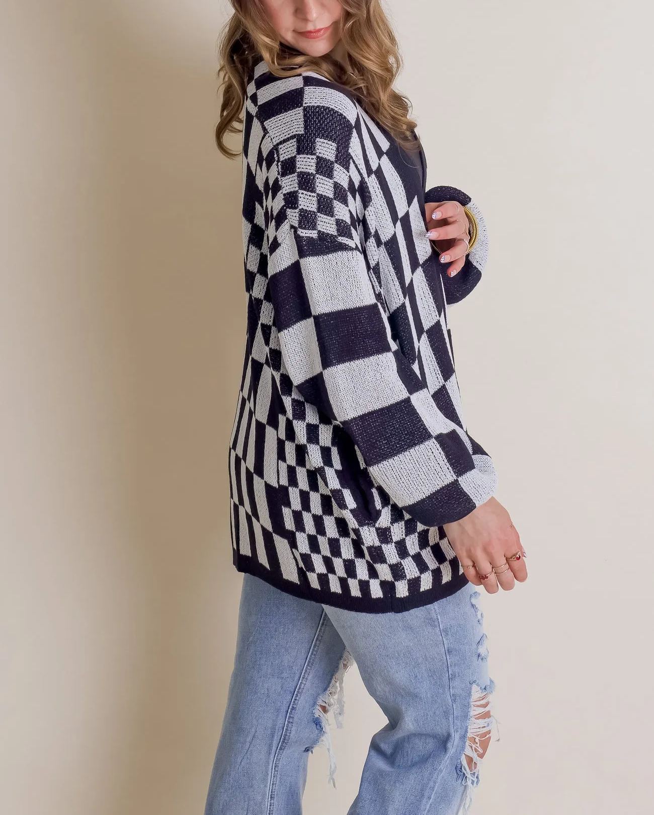 2024 Women's Casual Oversized Open Checkered Cardigan