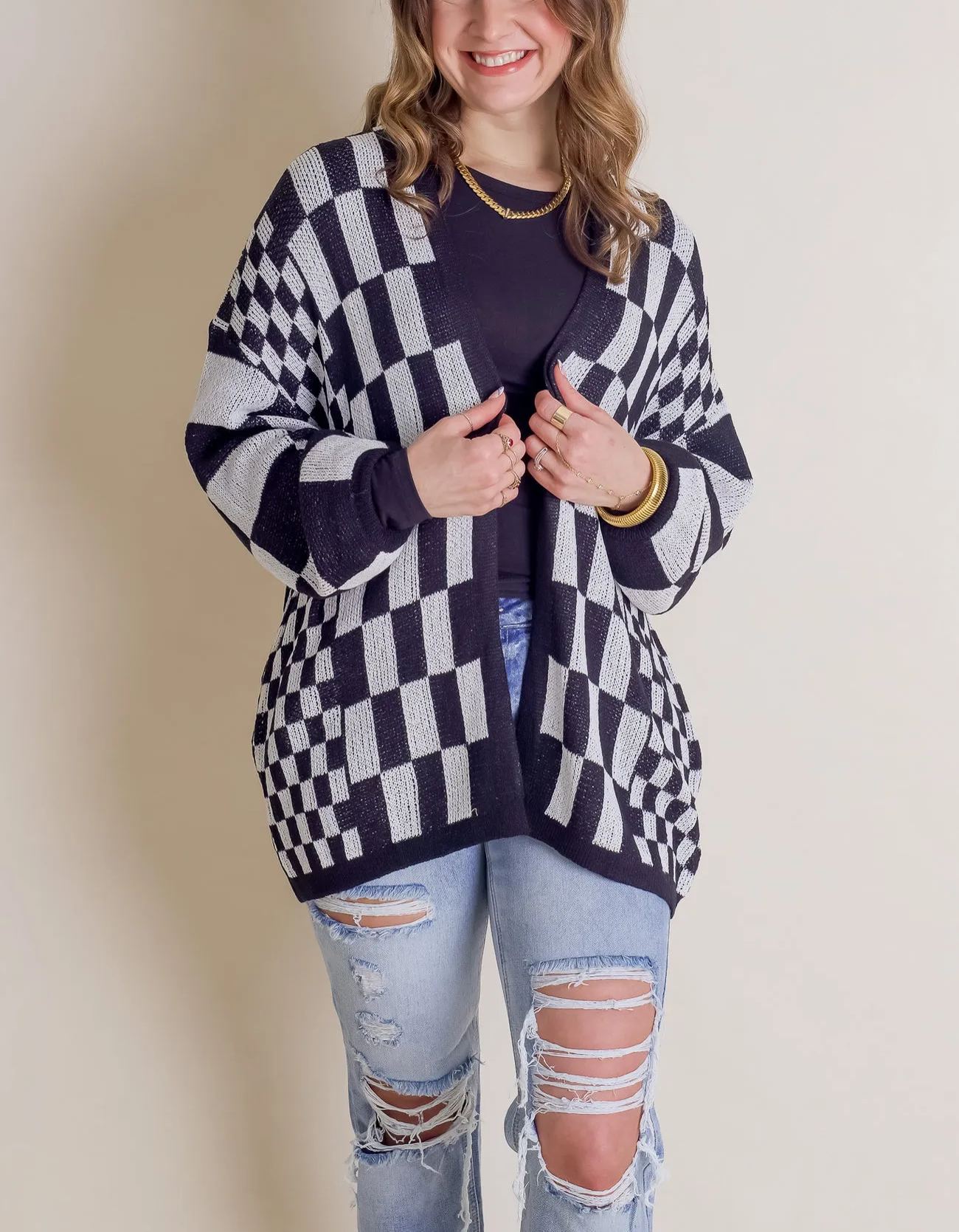 2024 Women's Casual Oversized Open Checkered Cardigan