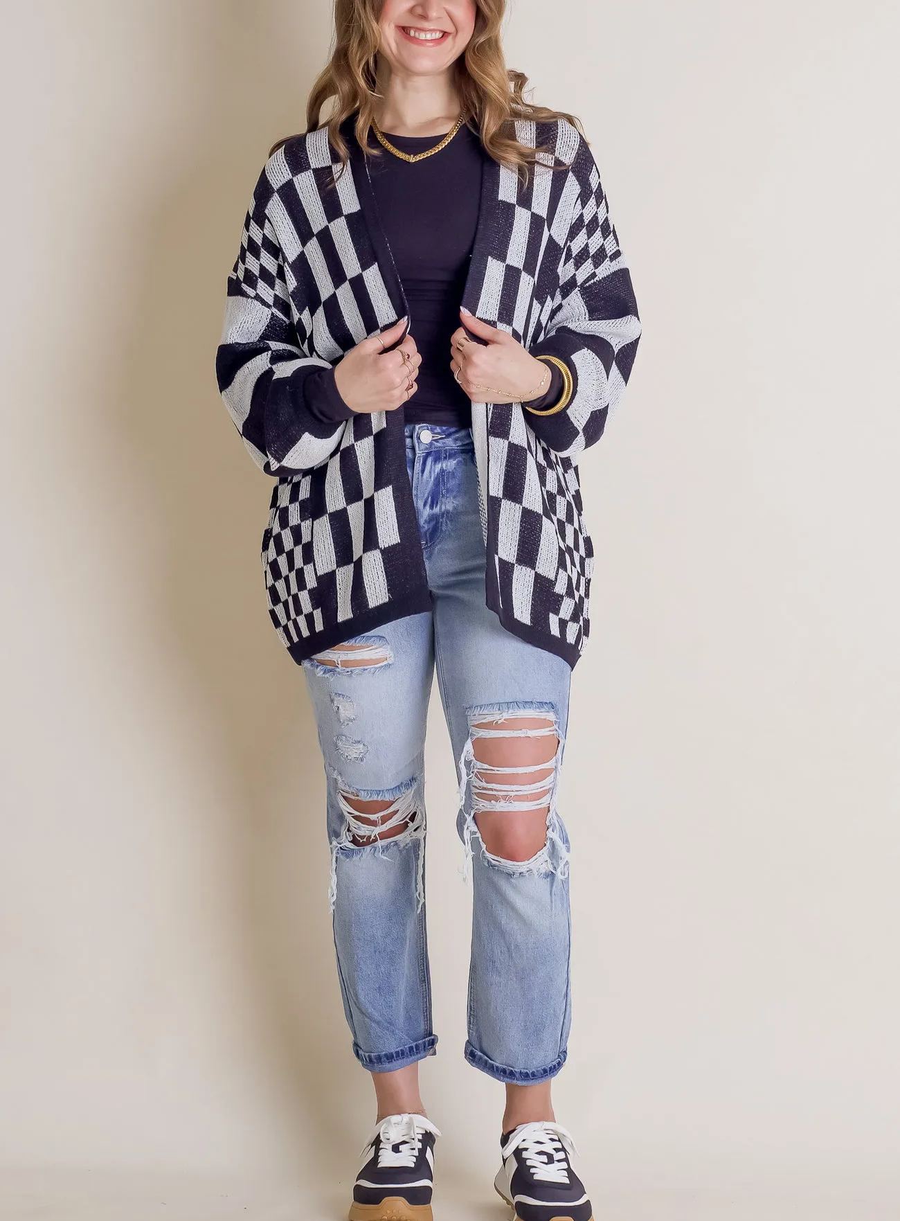 2024 Women's Casual Oversized Open Checkered Cardigan