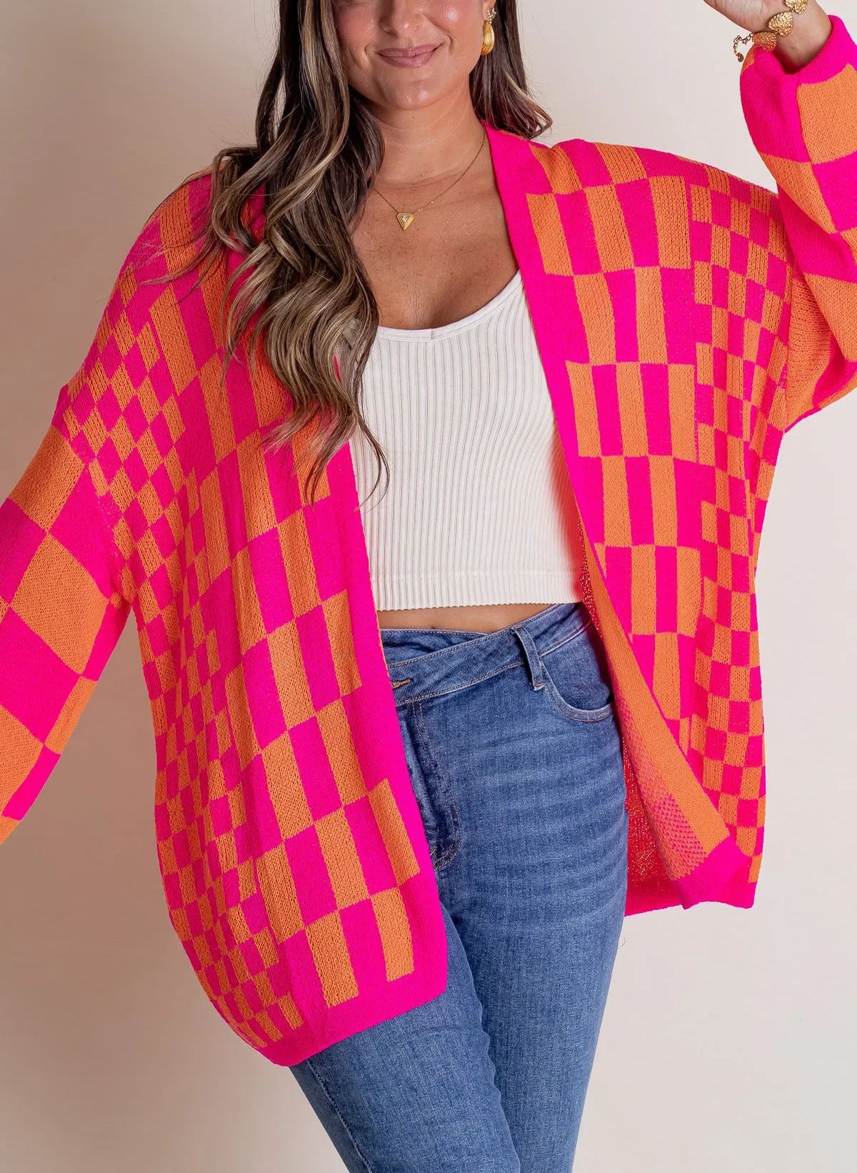 2024 Women's Casual Oversized Open Checkered Cardigan