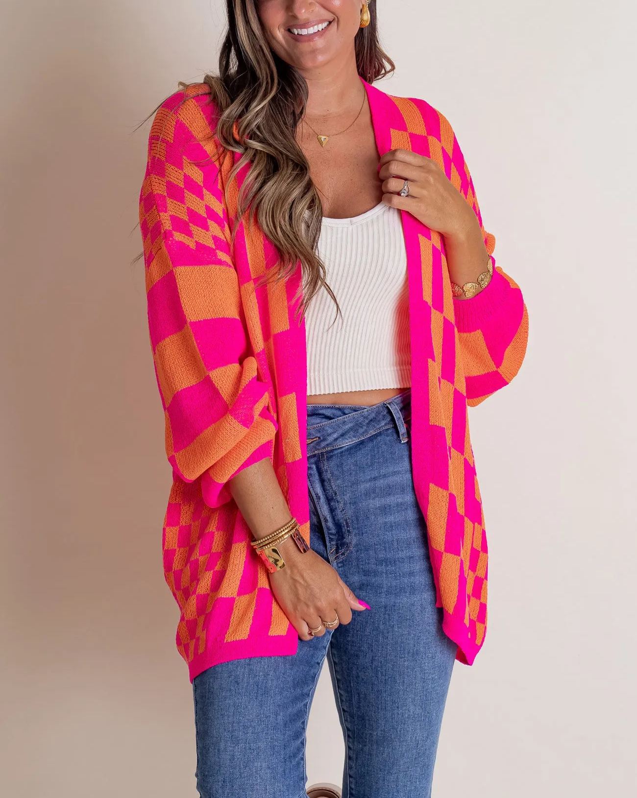 2024 Women's Casual Oversized Open Checkered Cardigan