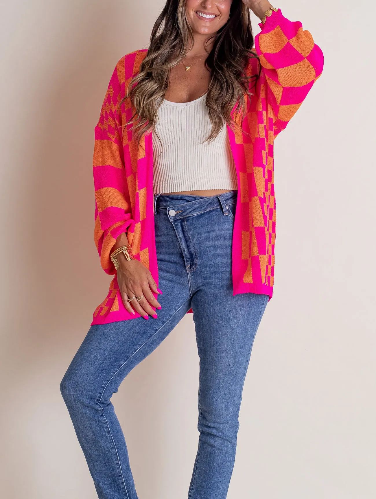 2024 Women's Casual Oversized Open Checkered Cardigan