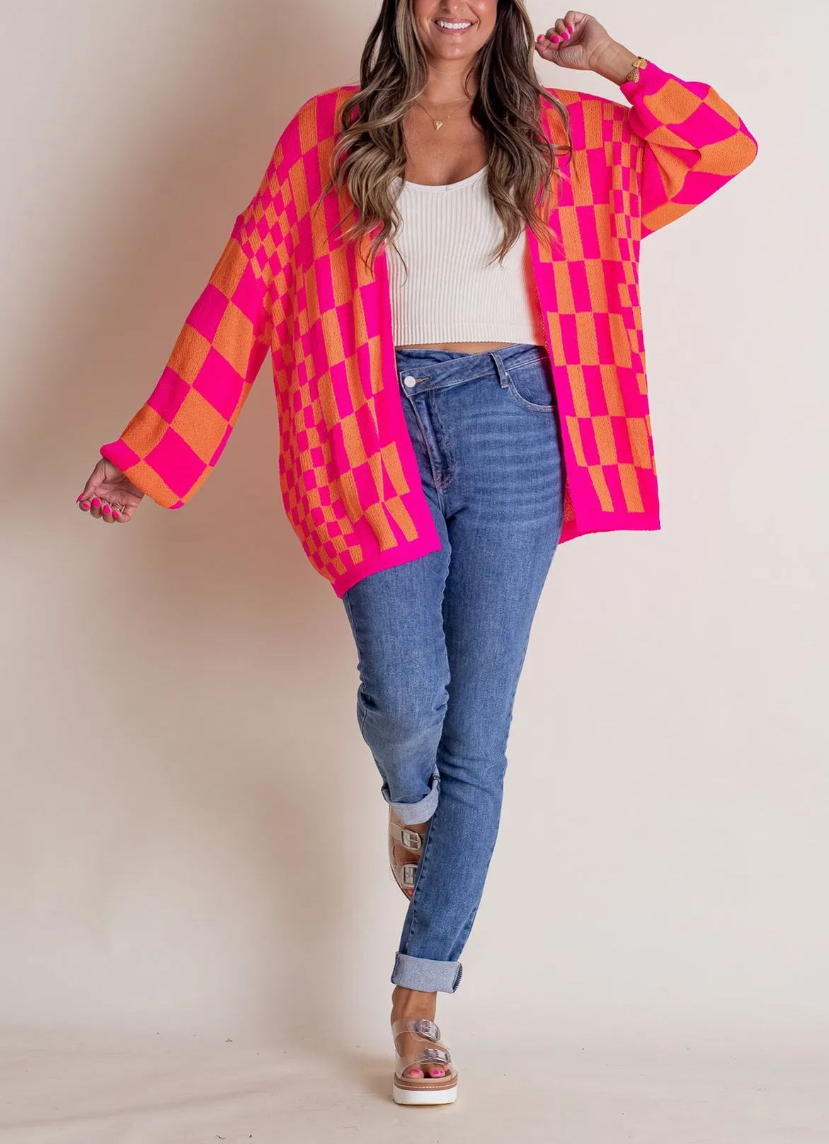 2024 Women's Casual Oversized Open Checkered Cardigan